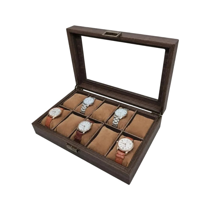 10-Slot Vintage Watch Box Jewelry box Vintage Brown MDF Wood with Glass Lid And Soft Velvet Interior Antique Brass Latch-33 x 21.6 x 8.5cm