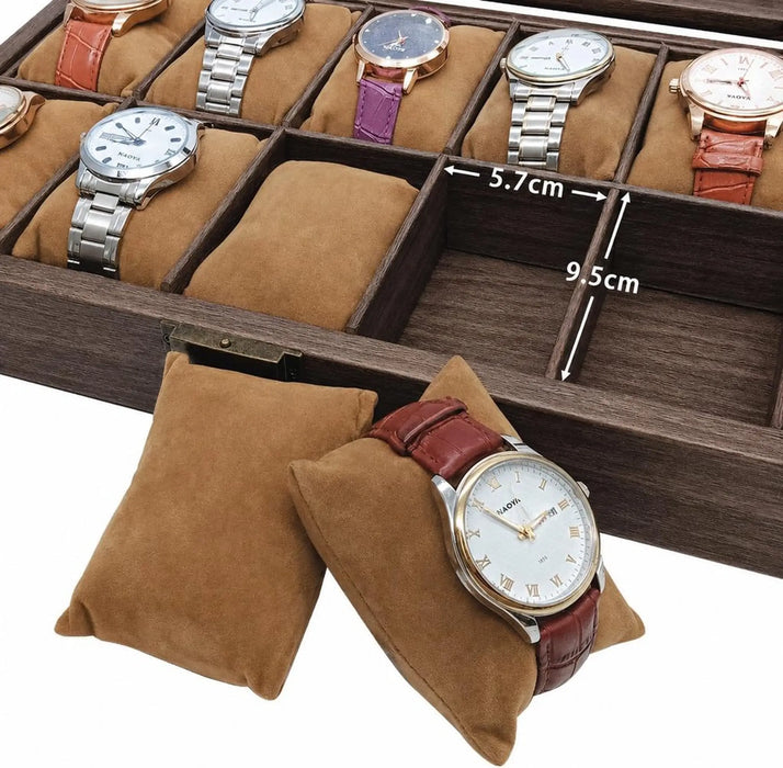 10-Slot Vintage Watch Box Jewelry box Vintage Brown MDF Wood with Glass Lid And Soft Velvet Interior Antique Brass Latch-33 x 21.6 x 8.5cm