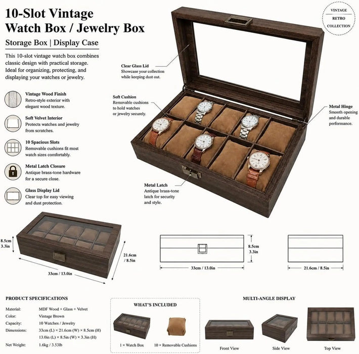 10-Slot Vintage Watch Box Jewelry box Vintage Brown MDF Wood with Glass Lid And Soft Velvet Interior Antique Brass Latch-33 x 21.6 x 8.5cm