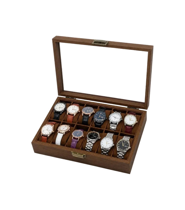 12 Compartments Watch Storage Box Walnut Brown Wood With Glass Lid And Velvet Interior Antique Brass Latch-31cm x 21cm x 7.5cm