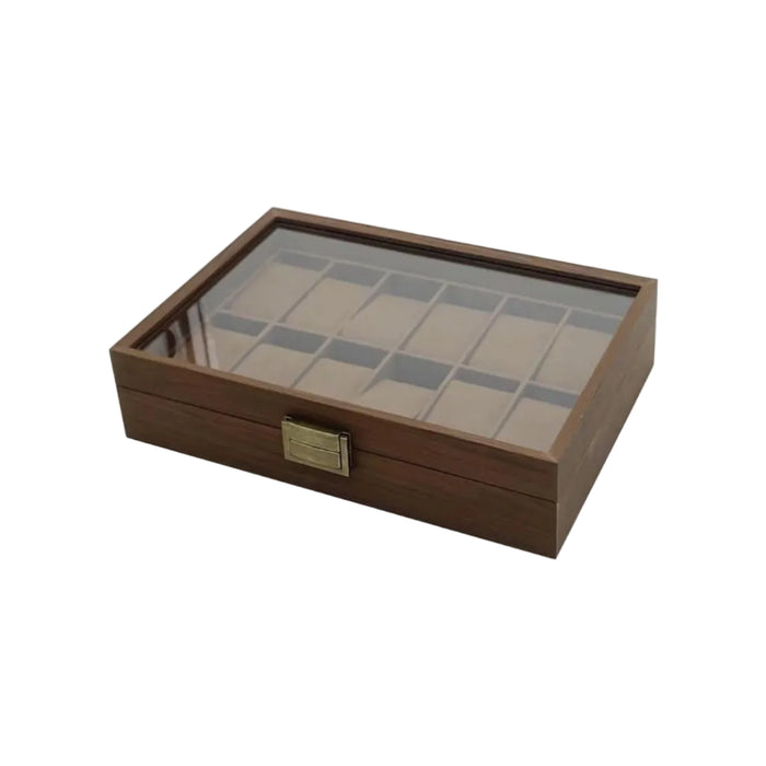 12 Compartments Watch Storage Box Walnut Brown Wood With Glass Lid And Velvet Interior Antique Brass Latch-31cm x 21cm x 7.5cm