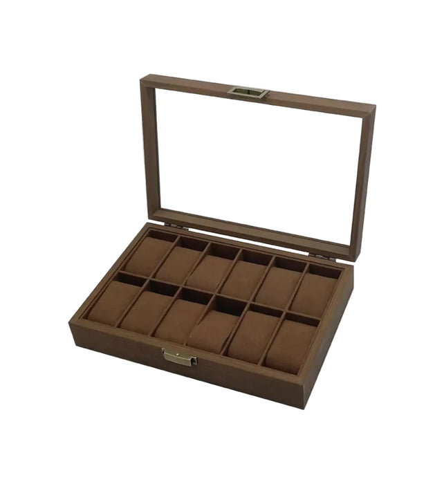 12 Compartments Watch Storage Box Walnut Brown Wood With Glass Lid And Velvet Interior Antique Brass Latch-31cm x 21cm x 7.5cm