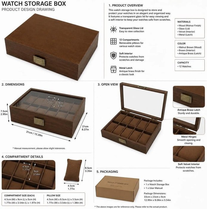 12 Compartments Watch Storage Box Walnut Brown Wood With Glass Lid And Velvet Interior Antique Brass Latch-31cm x 21cm x 7.5cm