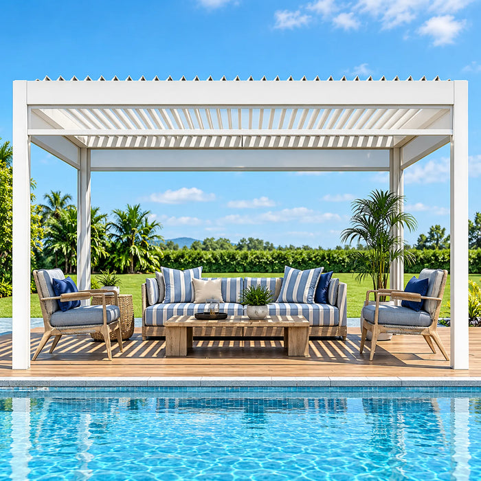 Aluminium Louvered Pergola with Curtains