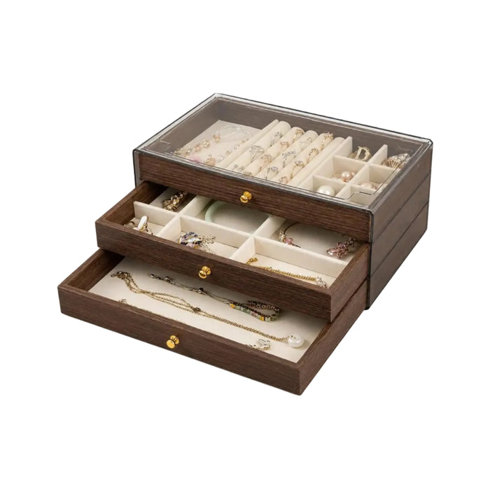 3-Drawer Jewellery Box With Clear Acrylic Lid, 3-in-1 Design for Rings, Earrings and Necklaces, 22cm x 13cm x 10.8cm