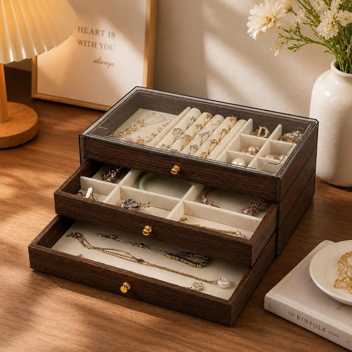 3-Drawer Jewellery Box With Clear Acrylic Lid, 3-in-1 Design for Rings, Earrings and Necklaces, 22cm x 13cm x 10.8cm