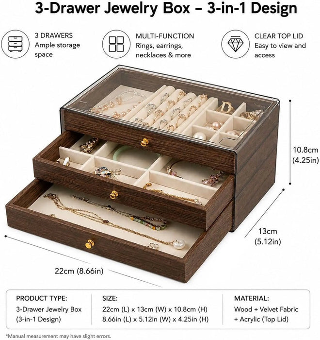3-Drawer Jewellery Box With Clear Acrylic Lid, 3-in-1 Design for Rings, Earrings and Necklaces, 22cm x 13cm x 10.8cm