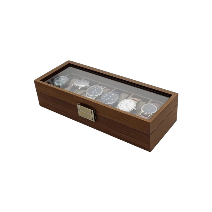 6 Slots Wooden Watch Storage Box Soft Velvet Lining Walnut Brown Clear Glass Top Antique Brass Latch-31x12x7.5cm