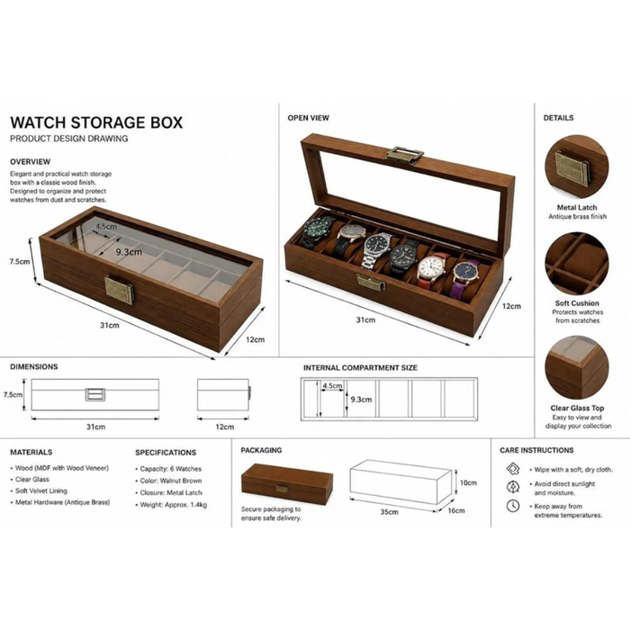 6 Slots Wooden Watch Storage Box Soft Velvet Lining Walnut Brown Clear Glass Top Antique Brass Latch-31x12x7.5cm