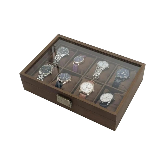 8-Slot Watch Box Jewelry Box Solid Walnut Wood With Clear Glass Lid And Cotton Pillow Antique Brass Hardware-31cm x 21cm x 7.5cm