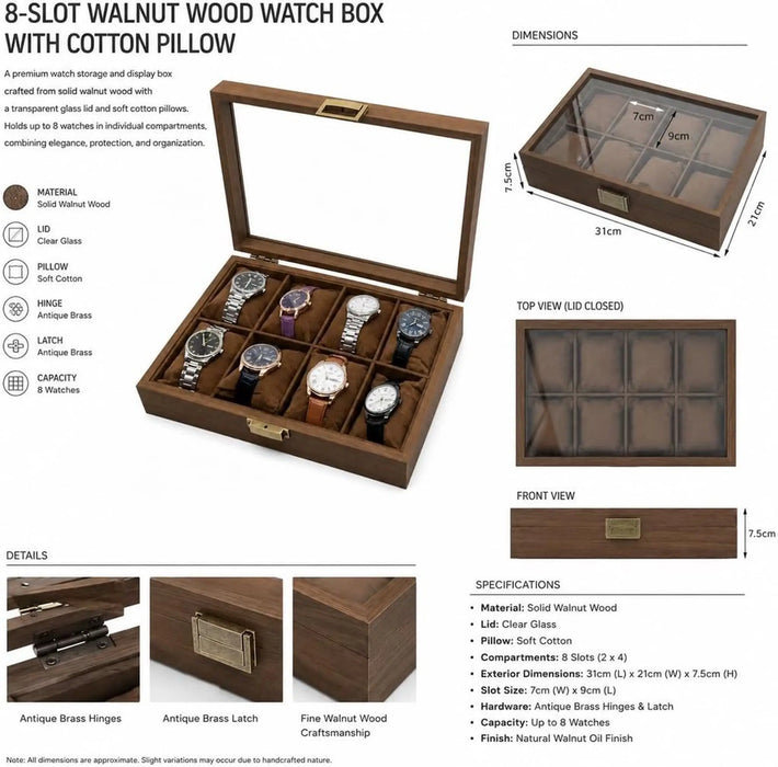8-Slot Watch Box Jewelry Box Solid Walnut Wood With Clear Glass Lid And Cotton Pillow Antique Brass Hardware-31cm x 21cm x 7.5cm