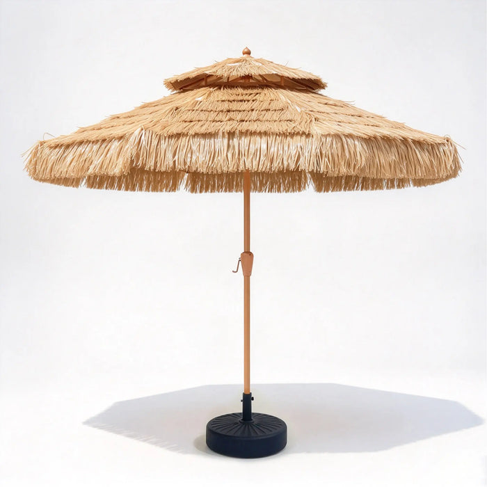 Round Tropical Thatch Patio Umbrella, Two-Tier Raffia Style with Crank Lift and Round Base