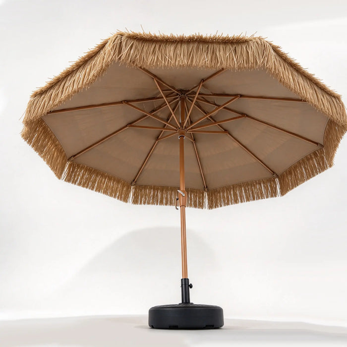 Round Tropical Thatch Patio Umbrella, Two-Tier Raffia Style with Crank Lift and Round Base