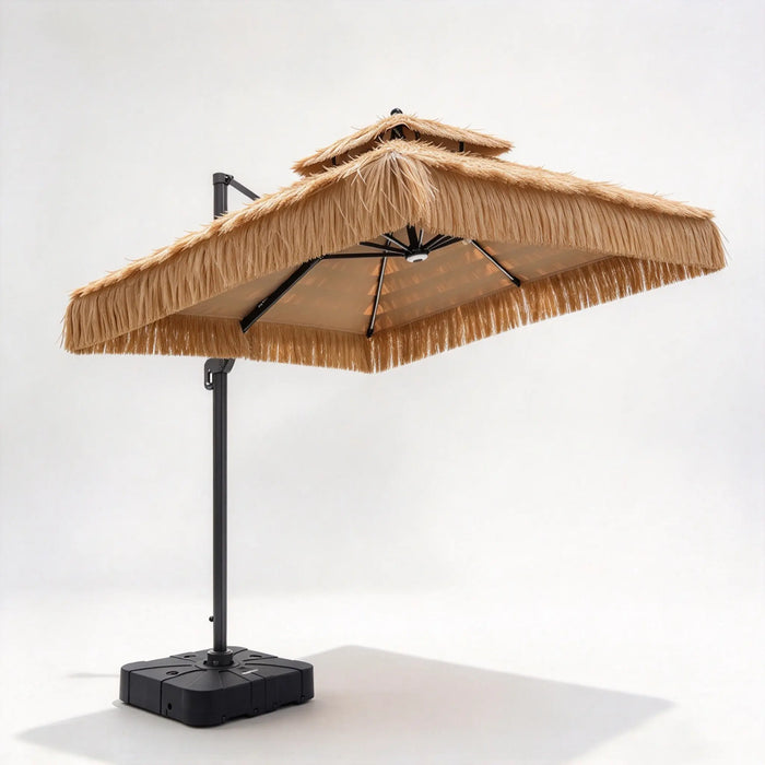 Tropical Thatch Cantilever Offset Umbrella with Built-In LED Lighting and Square Base