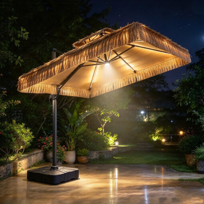 Tropical Thatch Cantilever Offset Umbrella with Built-In LED Lighting and Square Base