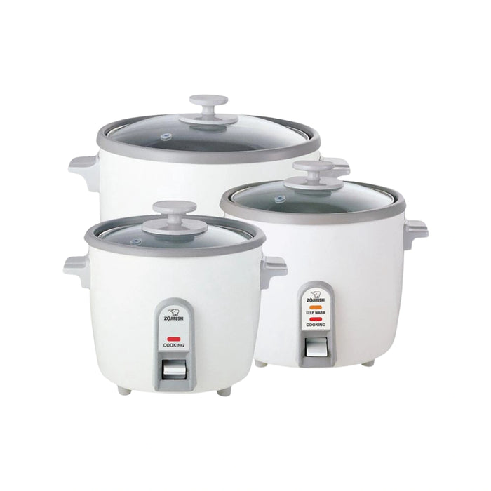 Set of three white rice cookers with glass lids on a white background