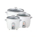 Set of three white rice cookers with glass lids on a white background