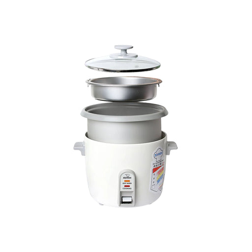 White electric rice cooker with steamer insert on a white background