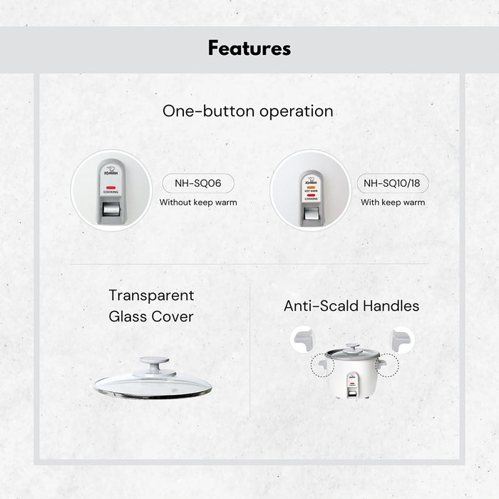 Features of a kitchen appliance including one-button operation, transparent glass cover, and anti-scald handles on a light gray background.