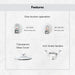 Features of a kitchen appliance including one-button operation, transparent glass cover, and anti-scald handles on a light gray background.