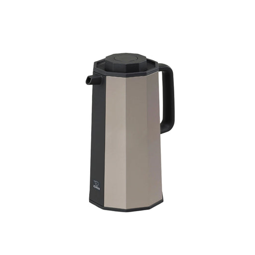 Vacuum flask with beige body and black lid and handle on a white background