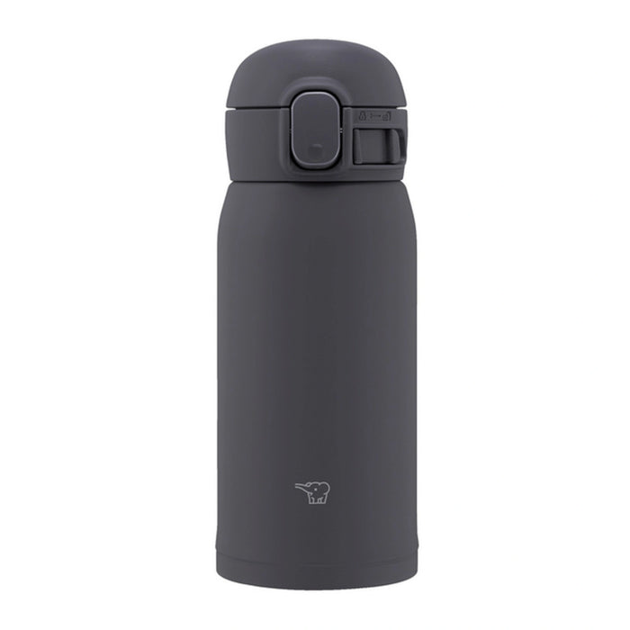 Dark gray water bottle with a lid on a white background