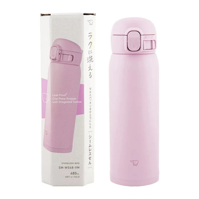 Pink water bottle with packaging on a white background