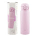 Pink water bottle with packaging on a white background