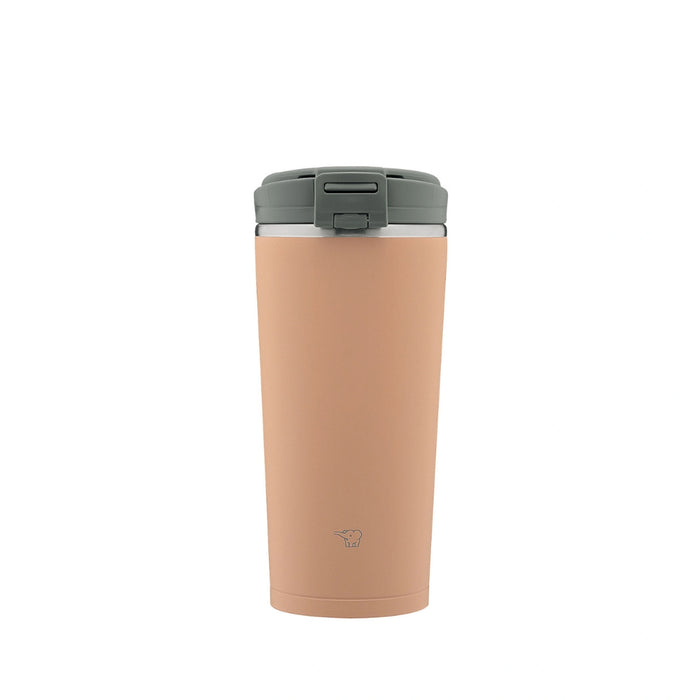Brown travel mug with a gray lid on a white background