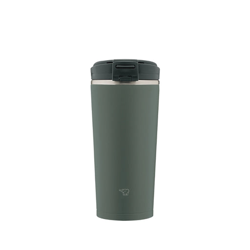 Green insulated travel mug with a black lid on a white background