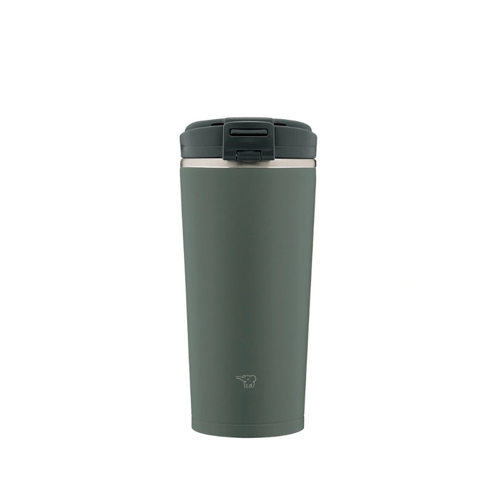Green insulated travel mug with a black lid on a white background