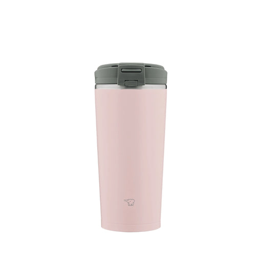 Pink travel mug with a gray lid on a white background