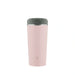 Pink travel mug with a gray lid on a white background