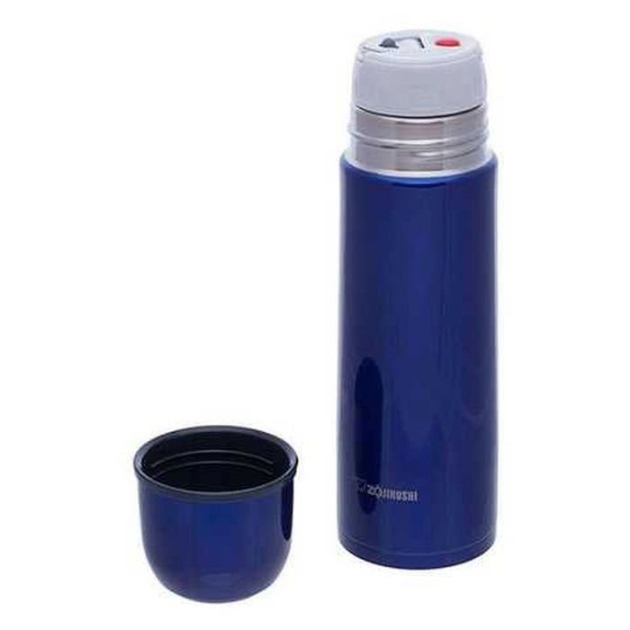 Blue thermos bottle with matching cup on a white background