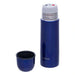 Blue thermos bottle with matching cup on a white background