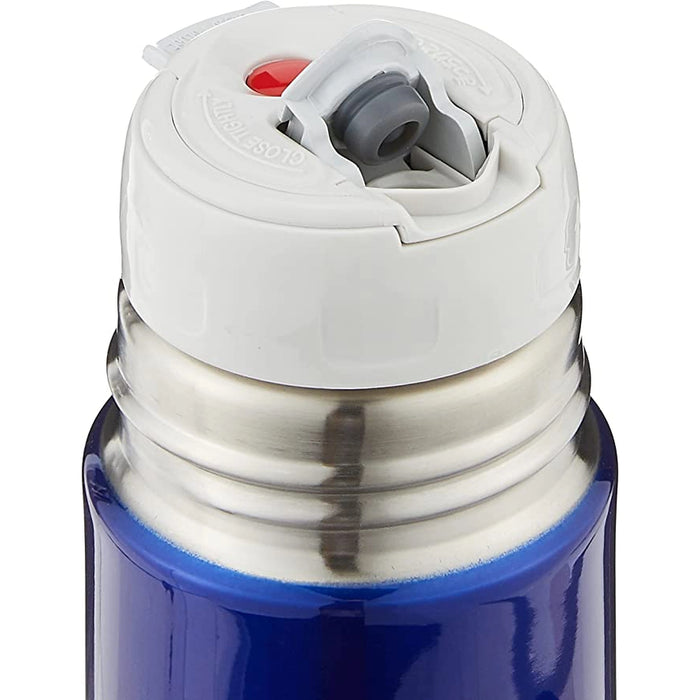 Close-up of a blue thermos with a white lid on a white background