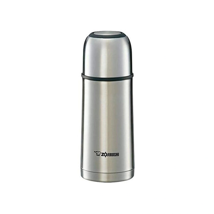 Stainless steel thermos with Zojirushi logo on a white background