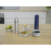 Two thermos bottles on a kitchen counter with bowls of snacks.