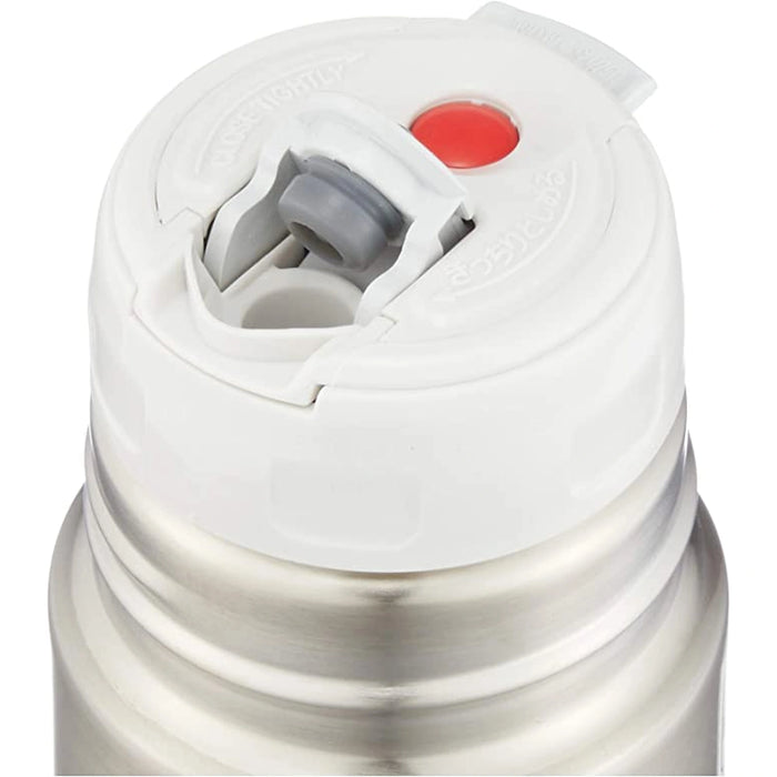 Close-up of a white and silver water bottle cap with a red dot on a white background