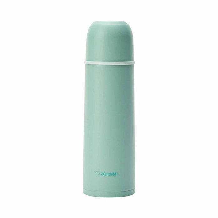 Mint green thermos bottle with white band on a white background