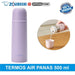 Purple thermos bottle with Zojirushi branding and a small inset showing pouring water.