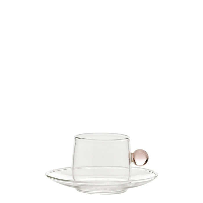Bilia Coffee Cup Transparent Saucer/Cup, Ball Pink Ø.60x52mm. CL.12 + PIAT.Ø.110x20mm. - Set of 2