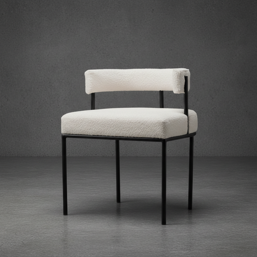 Chair with white cushioned seat and backrest on a dark gray background