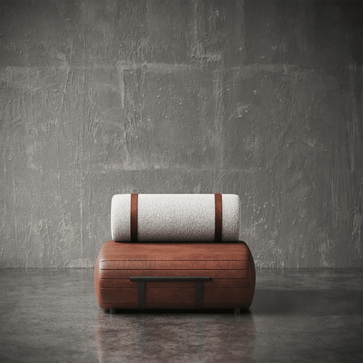 Brown suitcase-shaped chair with a white cushion against a gray textured wall.