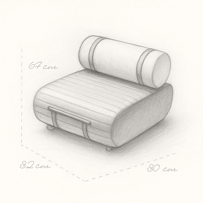 Pencil sketch of a modern chair with dimensions on a white background