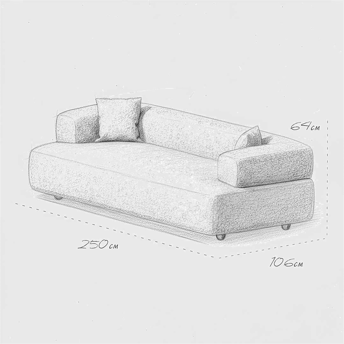 Pencil sketch of a gray sofa with dimensions on a white background