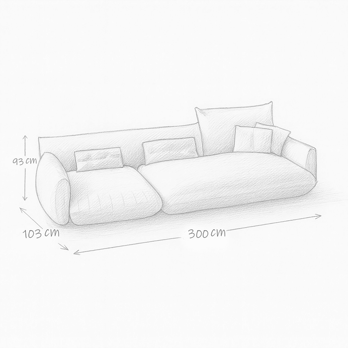 Line drawing of a sofa with dimensions labeled
