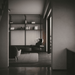 Modern interior with dark furniture and shelves in a dimly lit room.