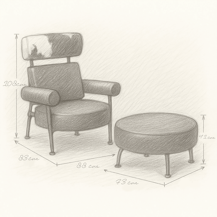 Pencil drawing of a chair and ottoman with dimensions on a light background
