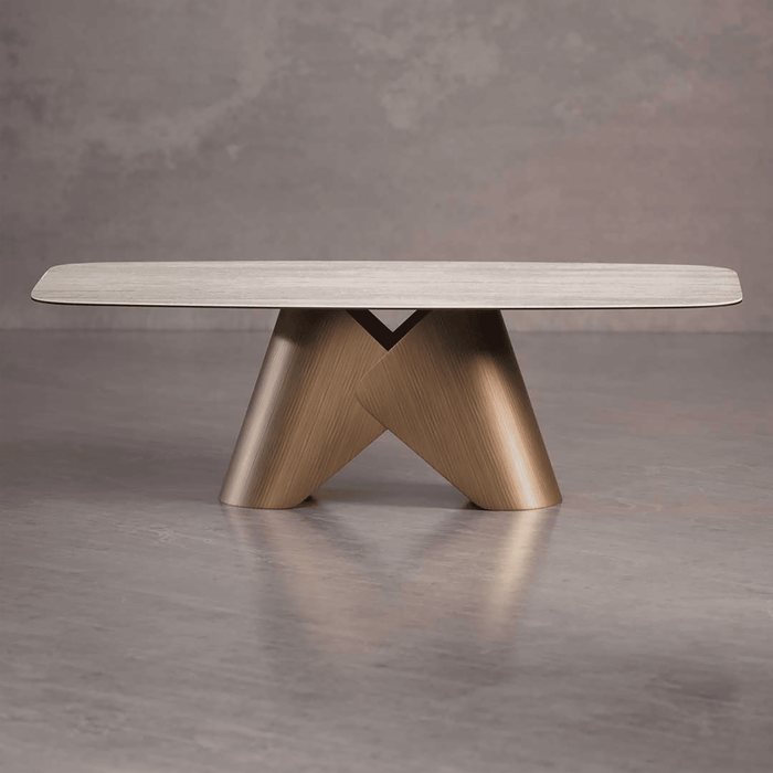 Modern wooden table with a minimalist design on a gray background